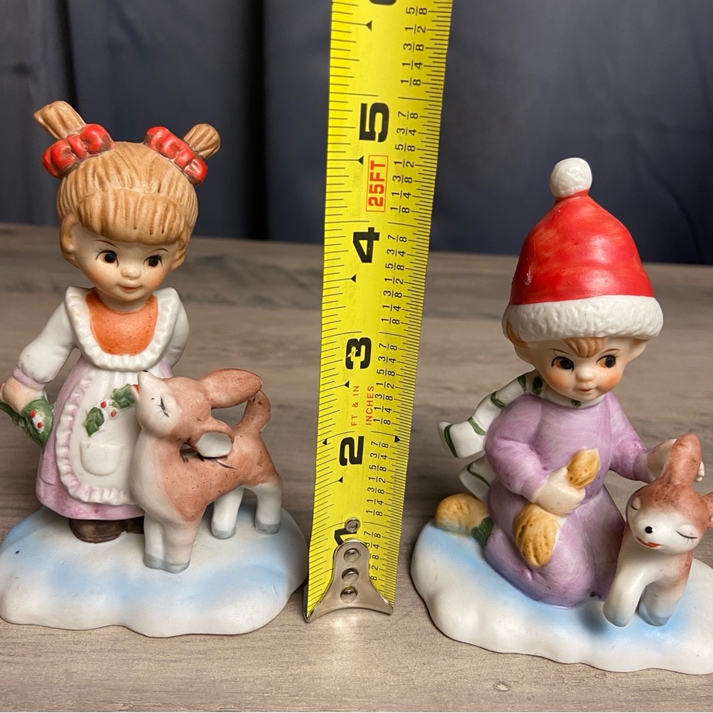 Vintage Hand painted, Lefton, Holiday Figurine Set W/ girl and boy w/ Fawn, 5” - Picture 9 of 9